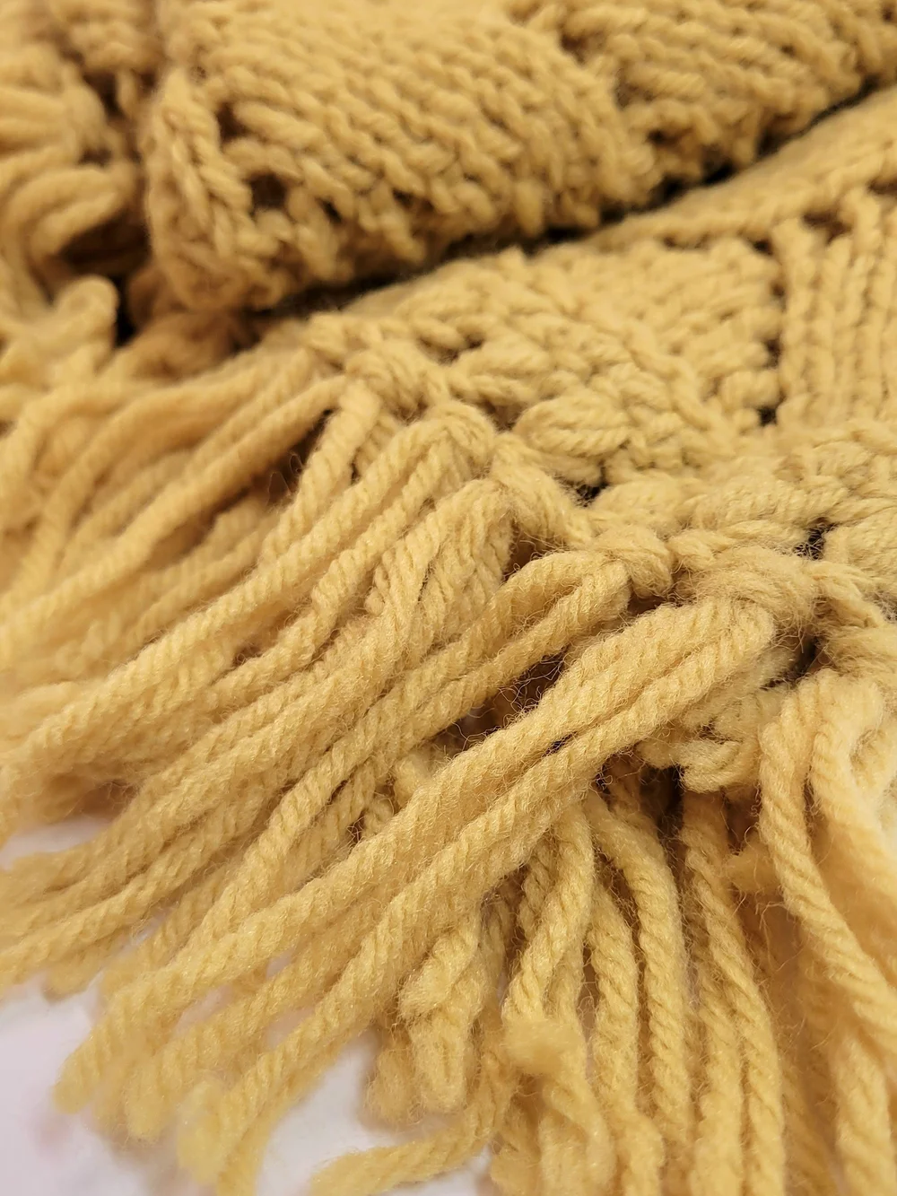 Vintage Yellow Knit Afghan Throw Blanket Fringe | Mid Century Old Shale Feather